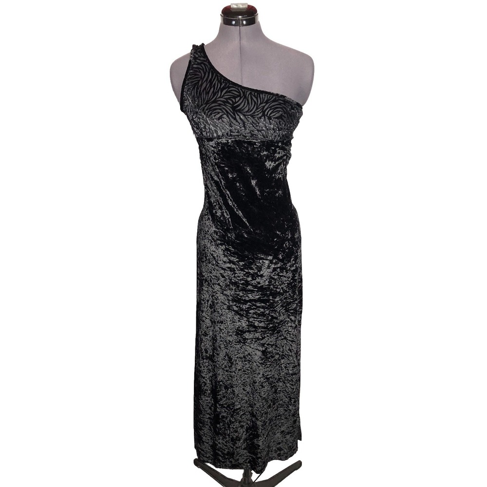 Vtg 90s whimsygoth Witchcore Black Sheer One Shoulder Gown dress Monroe M
